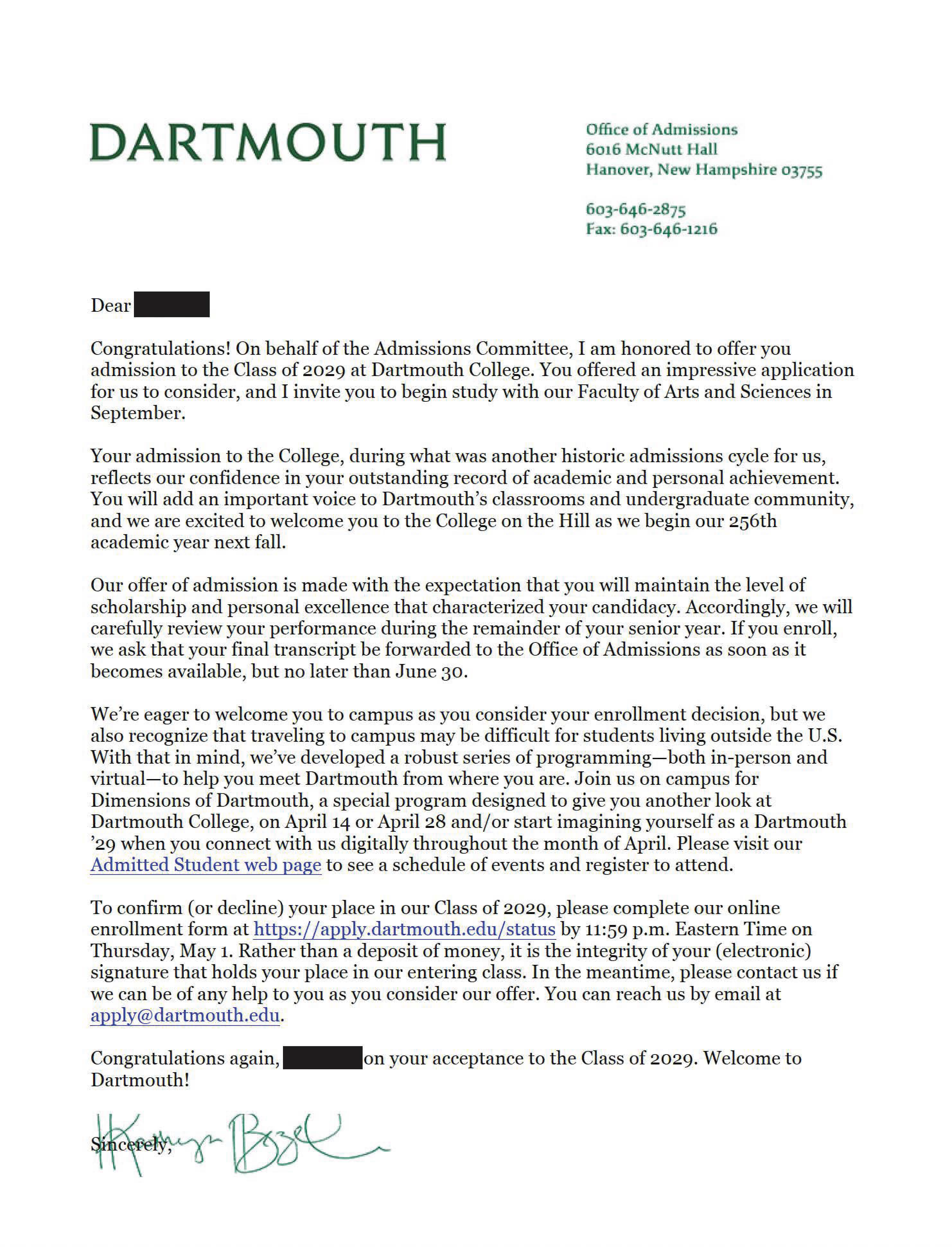 Dartmouth 합격 사례