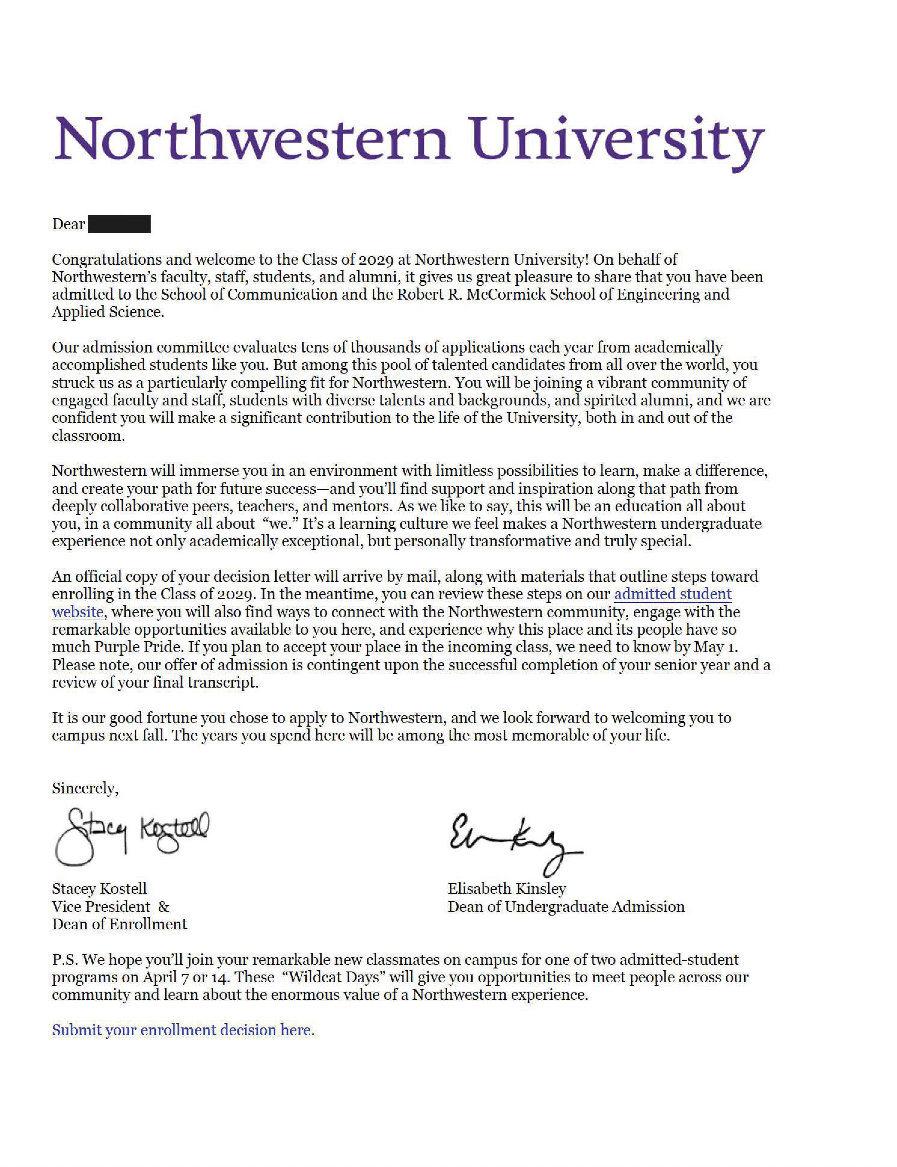 Northwestern 합격 사례